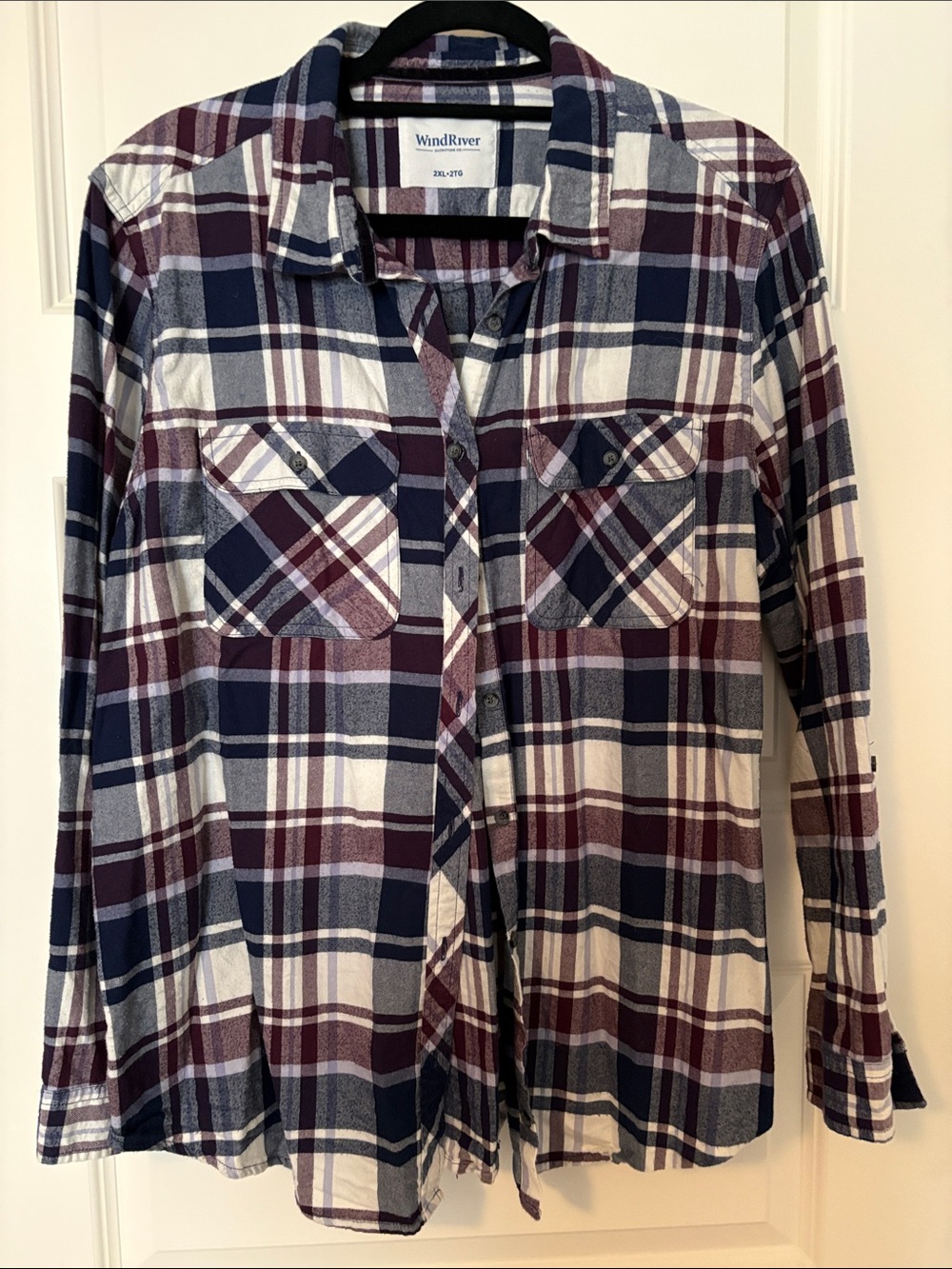 WindRiver Women's Button-Down Plaid Shirt in Navy and Burgundy